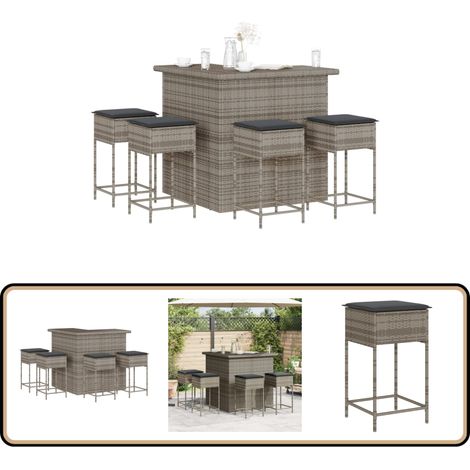 Ensemble de bar de jardin 5 pcs avec coussins gris poly rotin - Salon De Jardin - Set Salon De Jardin - Mobilier De Jardin - Table Basse - Chaise Longue