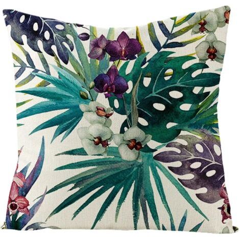Housse de coussin décorative en lin, motif fleurs et feuilles, pour chambre, salon, canapé, vert, violet, 45 x 45 cm