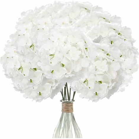 (Bianco puro) 12 pezzi di ortensie artificiali (con steli), ortensie di seta per decorazioni nuziali, decorazioni per ufficio, decorazioni per feste al caffè, centrotavola. (1/4)
