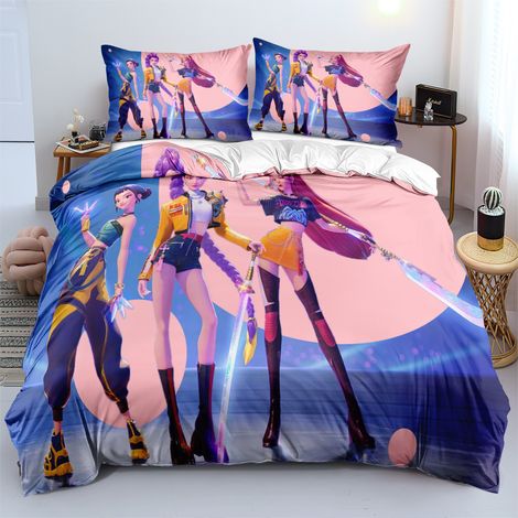 Parure de lit imprimée Huntrix 1 housse de couette + 2 taies d'oreiller (motif anime) 180 x 210 cm Parure 3 pièces RH-FM-RH (1/5)