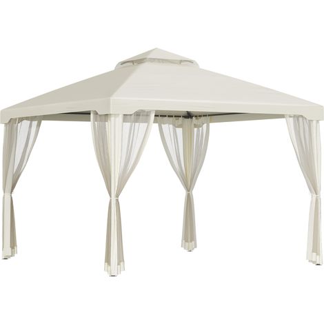 3 x 3 m Metal Gazebo, Garden Pavillion, Double Roof Outdoor Canopy Shelter with Mesh Sidewalls, Cream White