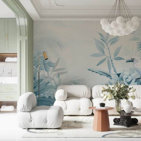 Papier Peint Tropical - Oiseaux et Feuilles Pastel - 150 x 250 cm (1/2)
