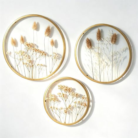Décoration murale Boho - Lot de 3 cadres en verre avec fleurs séchées - Double cadre en verre doré - Diamètre 16, 22, 25 cm - Fleurs pressées - Décoration pour toute l'année (1/5)