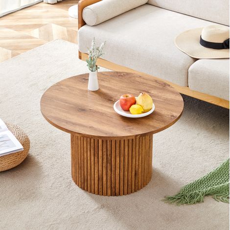 Mesa baja redonda 70 cm en MDF con marco metálico, efecto madera, estilo columna romana, REDOM (1/5)