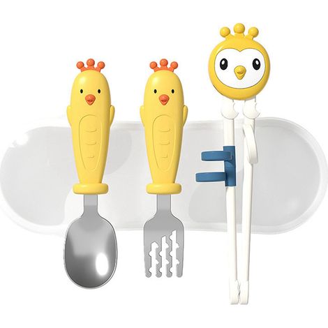Lot jaune pour enfants : set couverts apprentissage en forme d'animaux, fourchette et cuillère anti-dérapantes pour bébé. (1/5)