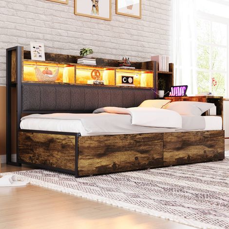 Lit combiné 90 x 200 cm en bois avec led, tiroirs, prises, casiers et bureau coulissant (1/5)