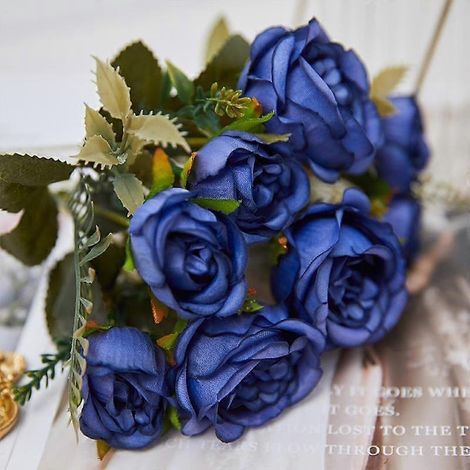 Bouquet Décoration Pivoine Fleurs Artificielles Faux Fleurs en Soie Ornement DIY Rose Automne Vintagebleu (1/5)