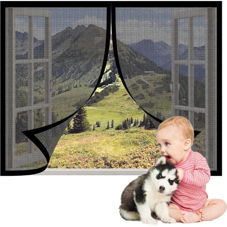 Moustiquaire Porte Fenetre 143 x 135 cm Rideau Moustiquaire Fenetre Laisse Passer L'Air Frais pour Tout Type de Fenêtre, Noir (1/5)