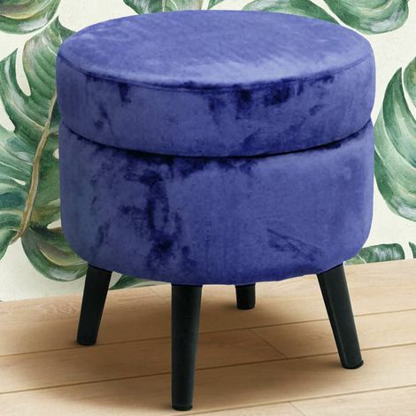 Tabouret en tissu velours avec pieds en bois pouf bleu (1/3)