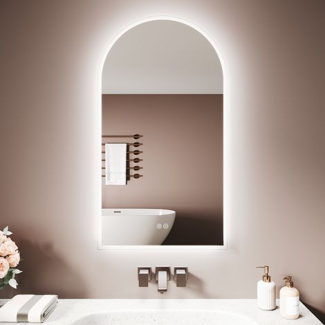 SIRHONA Miroir lumineux de salle de bain - Miroir Salle de Bain Arqué avec 3 Températures de Couleur, Anti-Buée, Mémoire et Prise Intégrée, 90x50 cm