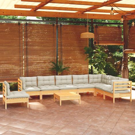 INLIFE Salon de jardin 9 pcs avec coussins crème Bois de pin solide (1/5)