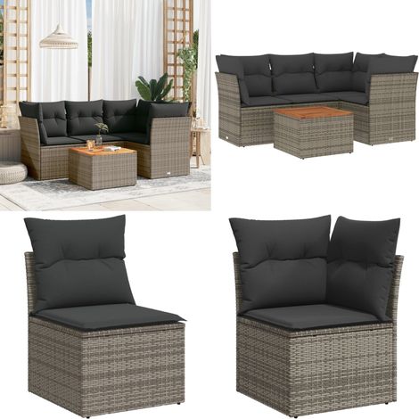 5-tlg. Garten-Sofagarnitur mit Kissen Grau Poly Rattan - Gartenmöbel Set - PE-Rattan Möbel - Outdoor Sofa - Lounge Set - Esstisch Set - Home & Living (1/5)