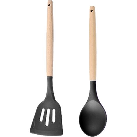 Ustensiles De Cuisine En Silicone - Résistance Haute Température - Poignées En Bois Pour Casseroles Antiadhésives - Lot De 2 Pièces (1/5)