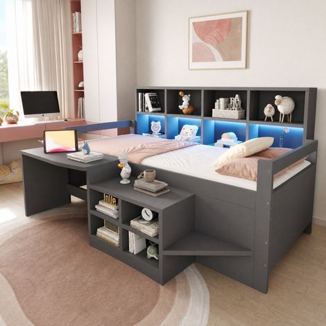 Kinder-Hochbett 90x200 cm mit Schreibtisch, Stauraum, USB und LED, Grau OKWISH (1/5)