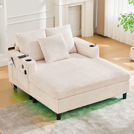 XXL Chaiselongue Liegesessel mit USB-Anschluss und Getränkehalter, 142x128x85 cm, Cord-Stoff Sofasessel mit LED-Beleuchtung, bis 350kg belastbar (1/5)