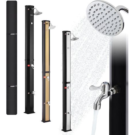 AREBOS Solardusche 35 Liter 216 cm mit integriertem Thermometer runder Duschkopf mit Fußdusche mit Gartenschlauch-Anschluss inkl. Montagematerial & Abdeckhaube Schwarz