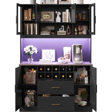 CHICFURN Credenza da cucina 120x36,3x180 cm in MDF nero con LED, prese e USB, 6 ante e 2 cassetti (1/5)