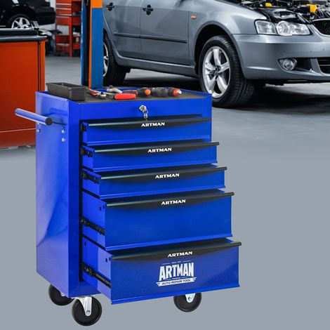Werkstattwagen 52,5x33x77,5 cm aus Stahl in Schwarz und Blau, 5 Schubladen – MEUBLIV (1/5)