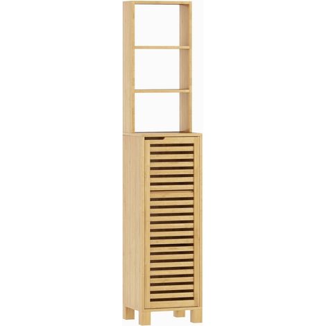 Schmaler Badezimmerschrank aus Bambus 34 x 30 x 170 cm mit 3 offenen Fächern und Lamellentür (1/3)