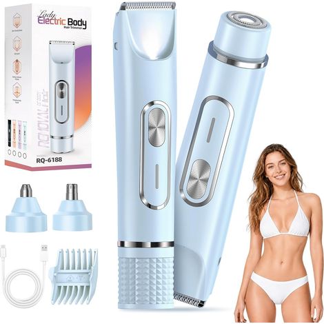 Rasoir Electrique Femme pour Bikini,Epilateur Double Tête 4 en 1 Epilateur pour Intime,Visage,Sourcil,Nez,Aisselles,Jambes,Corps,Rechargeable,Étanche IPX7,Bleu (1/5)