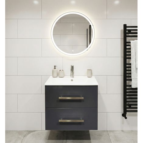 Meuble Salle deBains avec vasque/lavabo sous vasque suspendre Chania 60 Gris brillant, 1 Miroir Rond 60 avec LED (1/5)