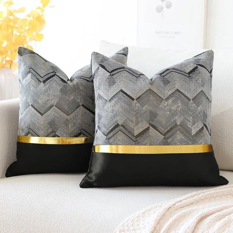 Cuir doré housses coussin lot de 2 45x45 cm coutures ondulées rayures, canapé lit voiture décoration moderne minimaliste luxe noir (1/4)