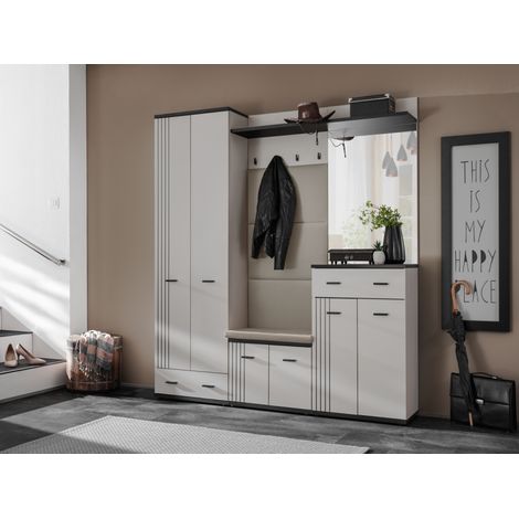Ensemble meuble d'entrée Hugo VII avec miroir, armoire et coussin d'assise - Bois MDF cachemire et noir - 180 x 203 x 32 cm - Livraison gratuite (1/5)