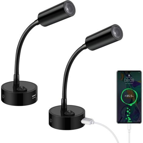 2pcs Lampes de Lecture LED 12V pour camping-car avec col de cygne flexible et port de charge USB 3000K blanc chaud DC 10-30V éclairage intérieur pour bateau caravane yacht, noir (1/5)