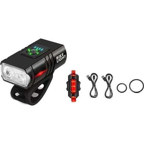 Feu Avant Vélo - Feu Arrière Vélo - LED Rechargeable USB - Étanchéité IPX4 - 6 Modes Avant + 4 Modes Arrière - 8 à 20 h d'Autonomie - Pour VTT et Route (1/5)