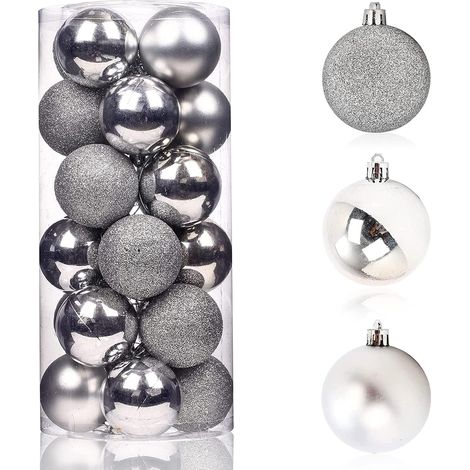 Boule De Noel - Plastique - Argent - 6 cm - Pour Arbre De Noel Intérieur Extérieur - Lot De 24 Pièces (1/5)