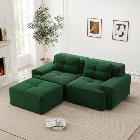 Sofá modular en L de 204 x 177 x 69 cm - Sofá esquinero de 2 plazas con puf otomano de terciopelo acanalado y asiento profundo - Verde (1/5)