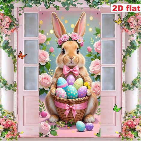 Guirlande De Porte De Pâques - Lapin Rose Et Roses - Décor Extérieur Intérieur - 70 87 X 35 43 Pouces - Polyester Résistant Aux Intempéries - 1 Pièce (1/5)
