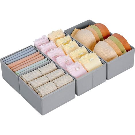 Lot de 4 Organiseurs de Tiroir de Non-tissé, Rangement Tiroir Pliable et Respirant, Boites de Rangement Ideal pour Soutiens-Gorge, Chaussettes, Sous-Vêtements, Cravates, Gris (1/5)