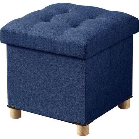 Pouf de Rangement Pliable avec Pieds en Bois, Repose-Pieds en Lin, Coffre de Rangement avec Rembourrage en éponge hautement élastique, Bleu Marine, 38 x 38 x 38 cm (1/5)