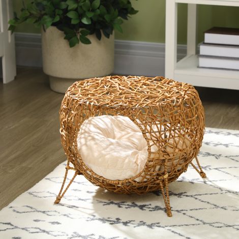 Cama para gatos, cesta para gatos, casita de ratán para gatos con cojín grueso, Ø 40 x 32 cm, marrón claro (1/5)