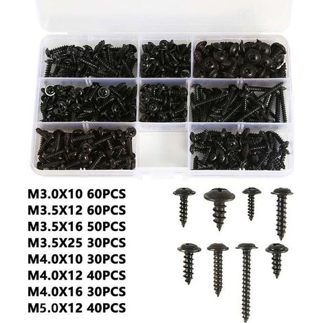 340PCS Assortiment de Vis Autotaraudeuse M3 M3.5 M4 M4.8 Vis à Tole Noire Cylindrique Vis Autoperceuse Vis Autoforeuse Noir de Bonne Qualité Durable Plaqué au Zinc avec Boîte Plastique Pratique (1/5)