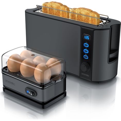 Arendo Frühstücks Set in Grau Edelstahl - Langschlitz Toaster und Eierkocher (1/5)