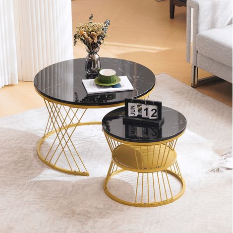 Mesa de centro nido redonda 70x70x45 cm negra efecto mármol, MDF y metal MEUBLIV (1/5)