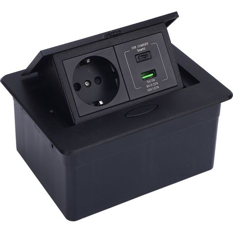 Boîtier de prise de sol encastré étanche en alliage d'aluminium, kit de prise plate à 2 broches avec ports USB et secteur PD 20 W, noir (1/5)