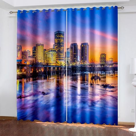 Rideaux à Oeillets pour Chambre d'enfants - Paysage de bâtiment de Ville de Coucher de Soleil 59X65 Pouces Rideaux 3D - Rideaux perforés Opaques d'intérieur - Isolation et réduction du Bruit - Applica (1/5)