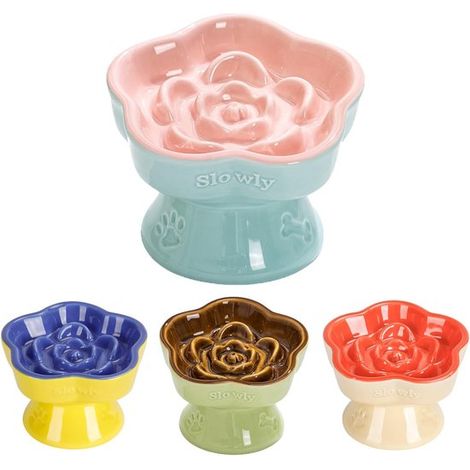 Bac à Nourriture pour Chat Surélevé - Alimentation Lente Céramique - Forme de Fleur pour Nourriture Sèche et Humide - 14, 7cm Rose - 1 Pièce (1/5)