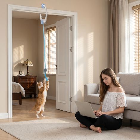 Souris interactive pour chat, rechargeable par USB et à suspendre à la porte, en forme de souris rebondissante, 24,1 x 13,8 x 6,6 cm, blanche. (1/5)