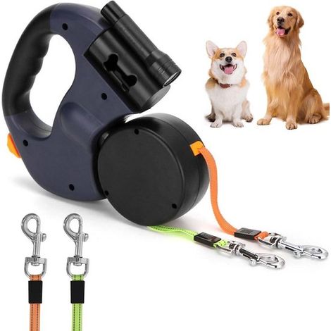Laisse pour chien - Collier pour chien - Laisse de 3 mètres - Laisse double extensible - Poignée antidérapante - Pour 2 chiens jusqu'à 15 kg - Pour petits chiens - Bleu (1/5)