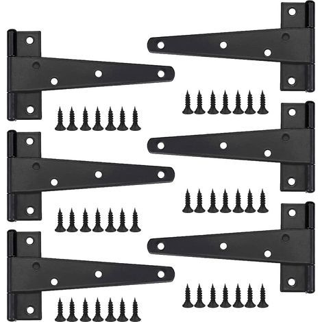 6pcs Heavy Duty Door Hinges, 10 Inch Door Hinges, Black T-Hinges, Stainless Steel Flat Hinges Iron Door Hinges Heavy Duty Hinges for Doors, Windows, Garden Sheds (1/5)