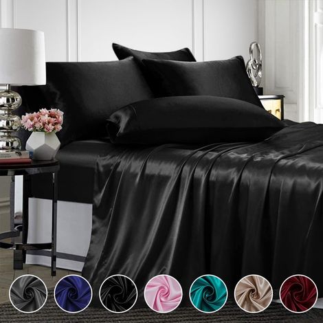 Draps en satin, draps en soie, ensemble de draps noirs pour lit queen, drap plat à poches profondes, 4 pièces