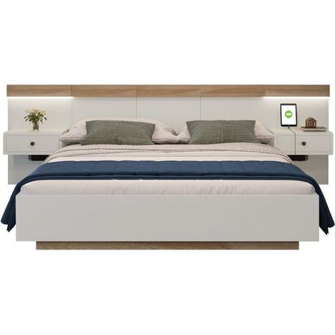 Lit 180x200 cm adulte chêne & blanc — chevets suspendus, LED, prises USB-C, sommier inclus (sans matelas)