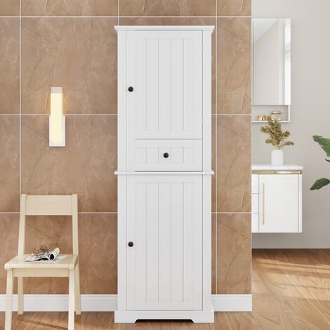 Armoire de salle de bain mesurant 56 × 28 × 167,3 cm. Finition peinture résistante à l’humidité. Équipée d’un espace de rangement supérieur, d’un espace de rangement inférieur et d’un tiroir central. (1/5)