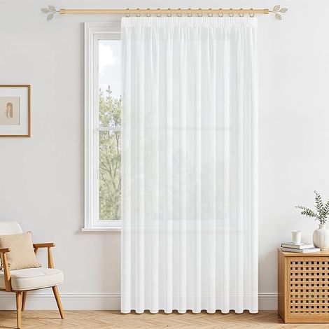 Curtains with Gathering Tape 245 cm Long, 200 cm Wide, White Gathered Tape for Rail, Semi-Transparent Curtain (1/3)