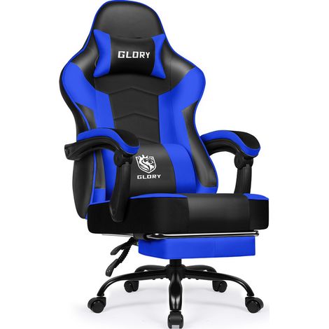 Gaming Stuhl mit Fußstütze – Ergonomischer Gamerstuhl, 170° verstellbar Gaming Chair, höhenverstellbar, mit Lendenkissen & Nackenkissen, belastbar bis 150 kg, Authmic, Blau