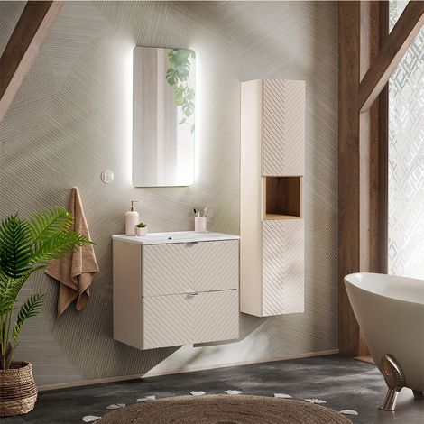 Conjunto de muebles con lavabo individual encastrado 60cm y columna Manoa Cachemira y madera (1/4)